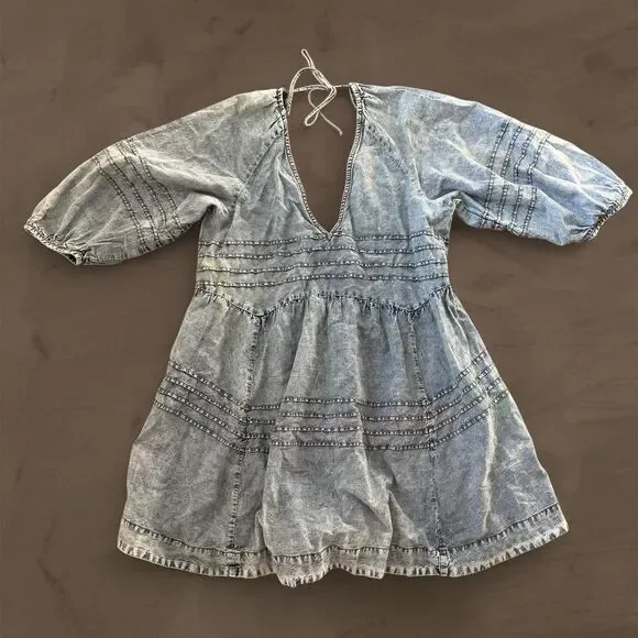 free people blue denim mini dress sweet surrender size large - Picture 2 of 6